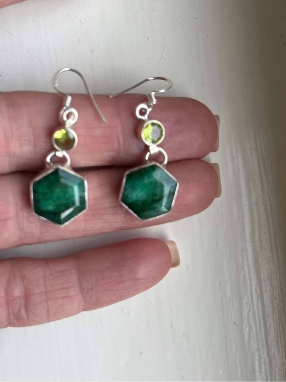 Raw Emerald Hexagon Drop Earrings with Peridot Accent